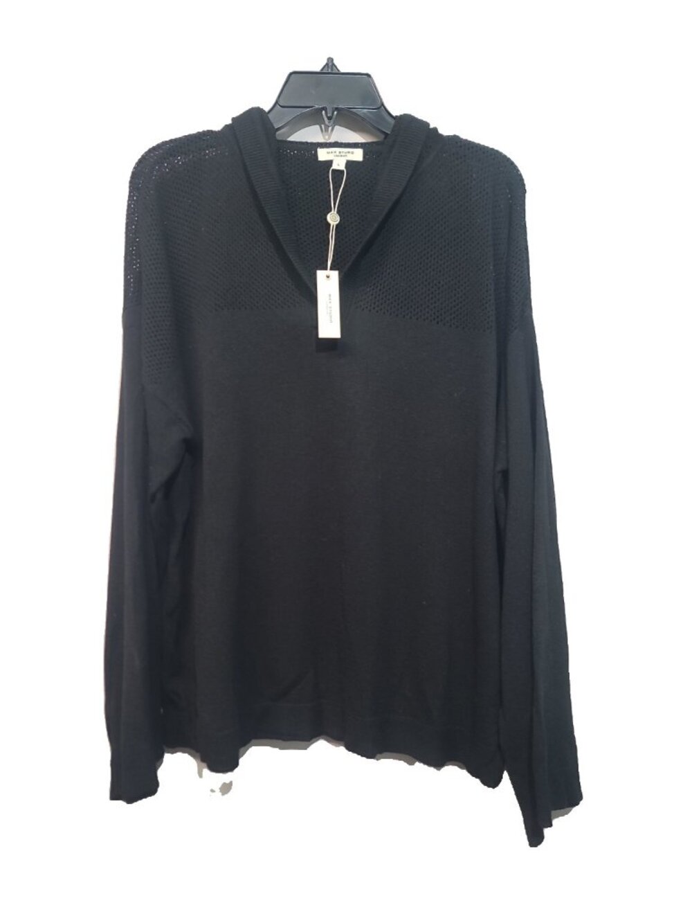 Max Studio Pointelle Hooded Sweater Size L Black NWT Relaxed